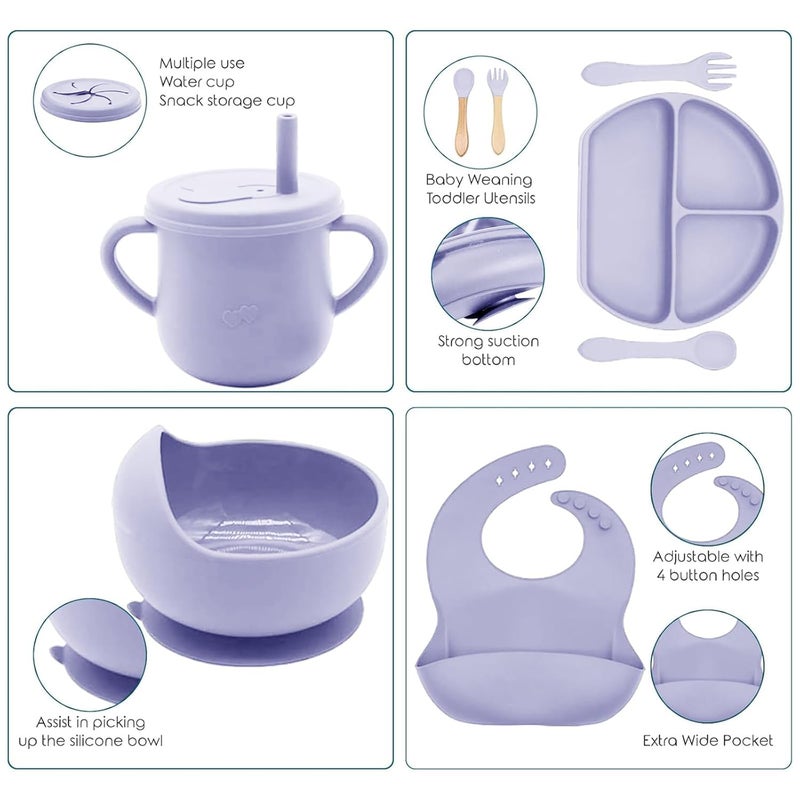 Dormlony 100% Silicone Baby Feeding Set,BPA Free Baby Dishes Set with Suction Bowl Divided Plate,Toddler Self Feeding Dish Set with Spoons Forks Sippy Cup and Bib, Baby Eating Utensils(Purple) - Image 3